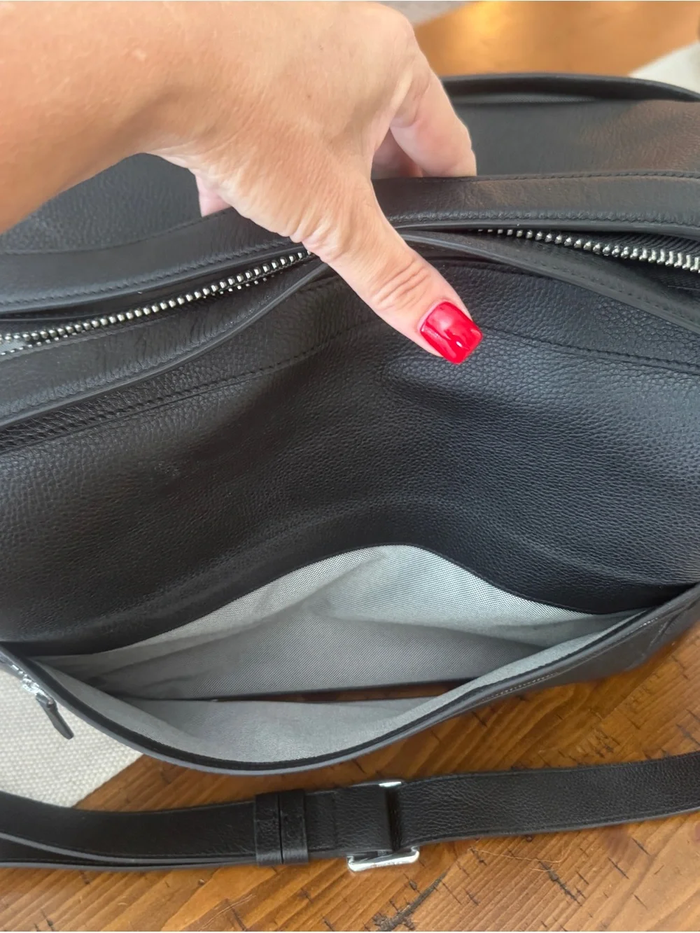 Cole Haan Black Leather Duffel with Silver Zip and Strap Hardware